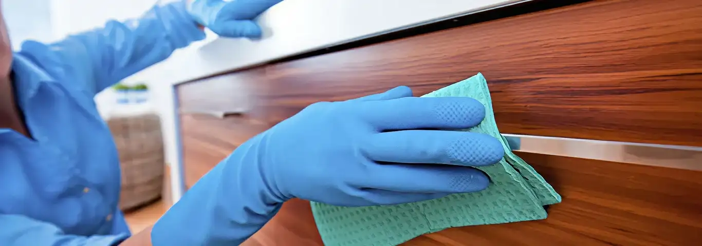 Cleaner wearing blue gloves wiping a wooden cabinet drawer with a microfiber cloth for dust and grime removal, Houston, TX.