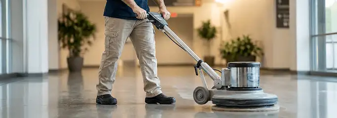 Professional technician using an industrial floor buffer to polish and maintain shiny commercial flooring in a corporate hallway in Houston, TX.