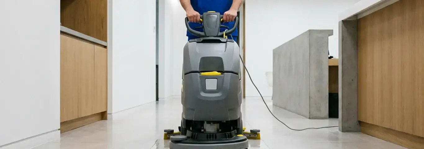 Janitorial staff using a floor scrubber machine to clean a commercial hallway, Houston, TX.