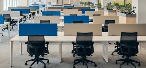 Modern open-plan office space featuring clean workstations, ergonomic chairs, and sanitized carpets provided by professional office cleaning services in Houston, TX.