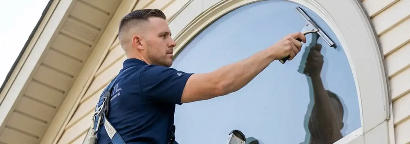 Professional window cleaner using a squeegee to clean an exterior arched window on a home, Houston, TX.