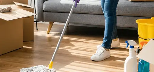 Move-out cleaning setup with a cleaner mopping hardwood floors near moving boxes and cleaning supplies, Houston, TX.