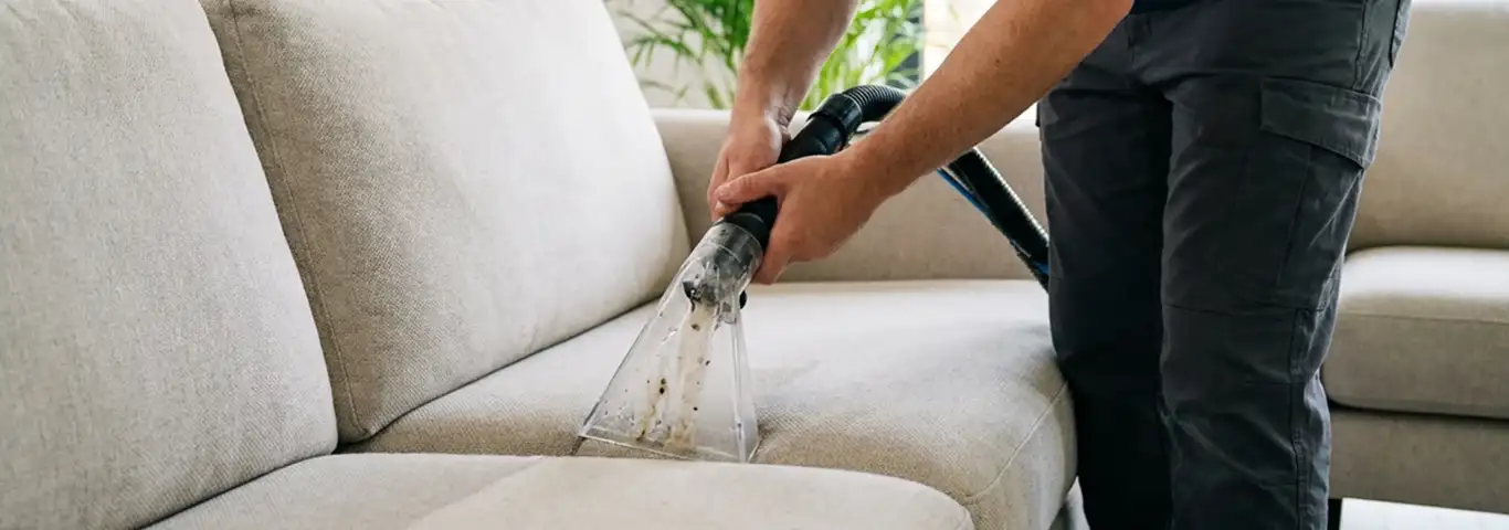 Technician extracting dirt and moisture from a fabric sofa with an upholstery cleaning wand, Houston, TX.