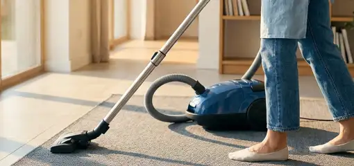 Person vacuuming a living room rug with a canister vacuum cleaner near large windows, Houston, TX.